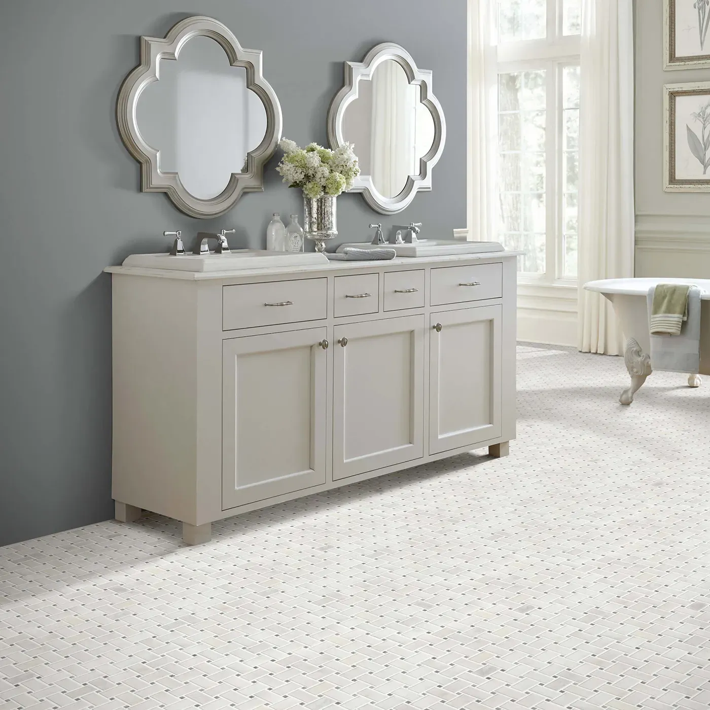Boca-BasketweavePolishedMos-CS82M-00105-Channel-V Shaw Floors Channel white basket weave mosaic tile in a bathroom | Bram Flooring
