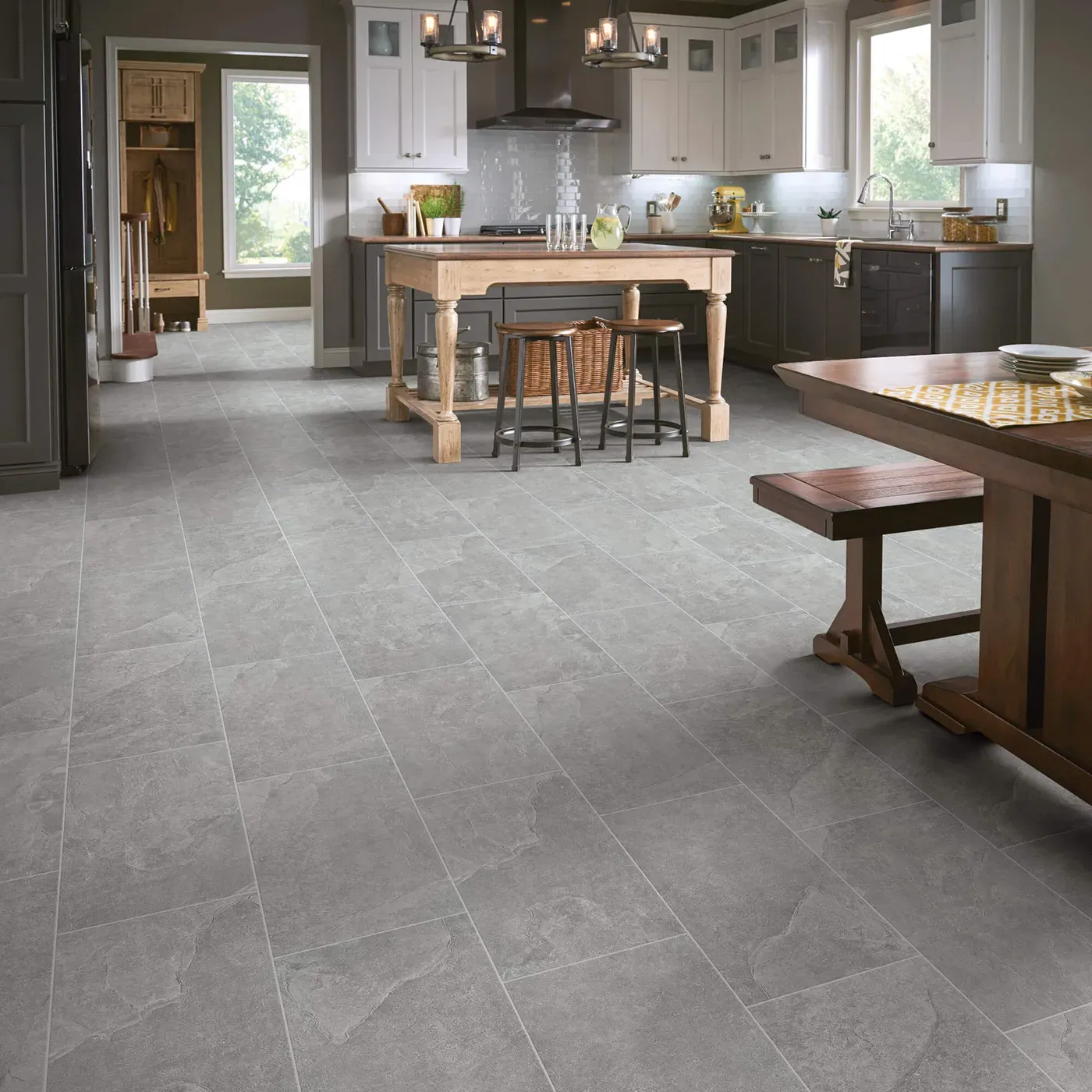 Crown-226TS-00550-Smoke-12x24-8U658-RM-H Shaw Floors Smoke gray large square tile in a kitchen | Bram Flooring
