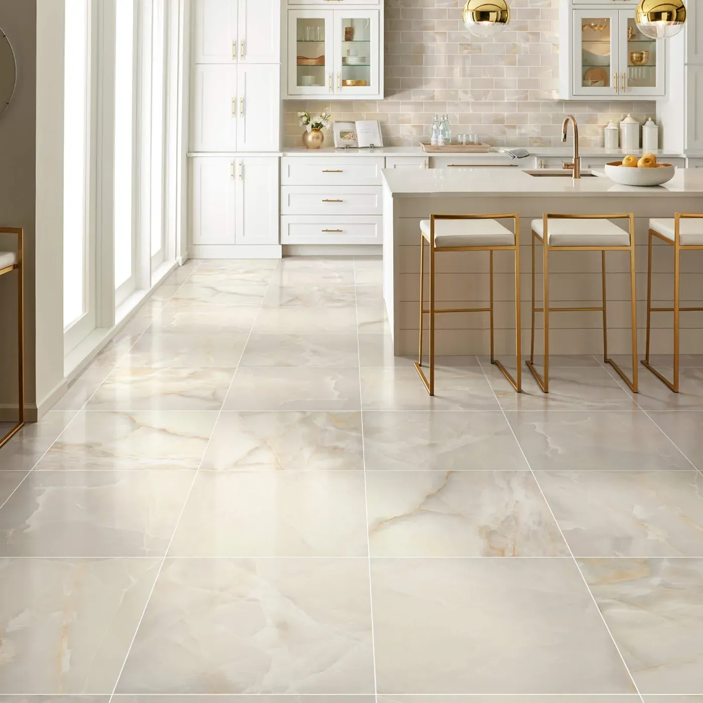 Gemstone-Polished-336TS-00200-Beige-24x24-BrickMosaic-RM-V Shaw Floors Beige polished tile with subtle veining in a white kitchen | Bram Flooring