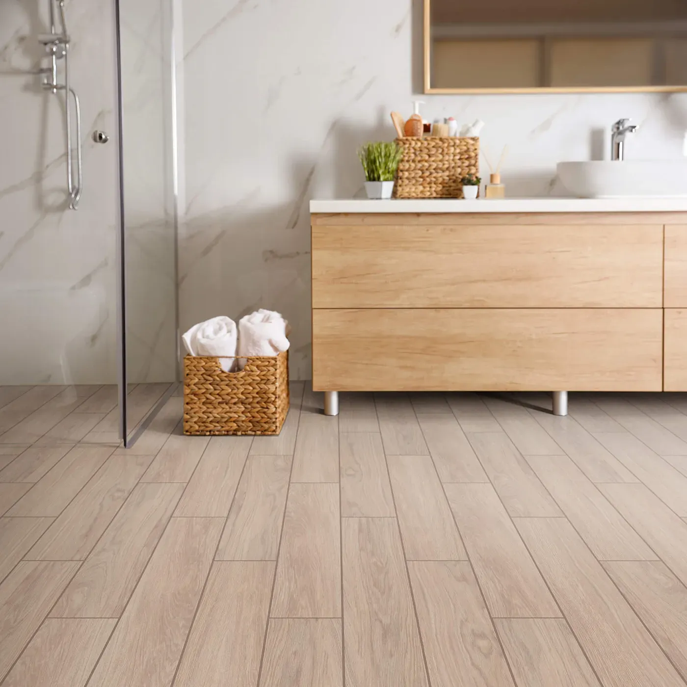 Moonstruck-401TS-00150-Ardor-6x36-RM-H Shaw Floors tile with a light wood look, in a modern bathroom | Bram Flooring